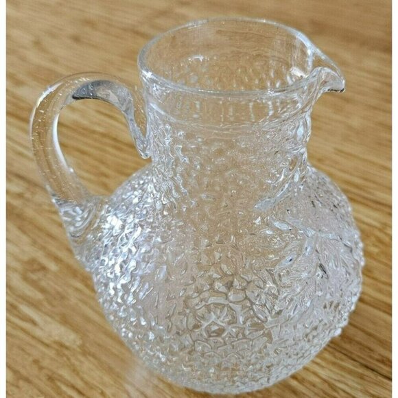 Handblown Clear Glass Pitcher w Crackle & Leaves‎ Applied Handle 5" Vintage - Picture 3 of 12